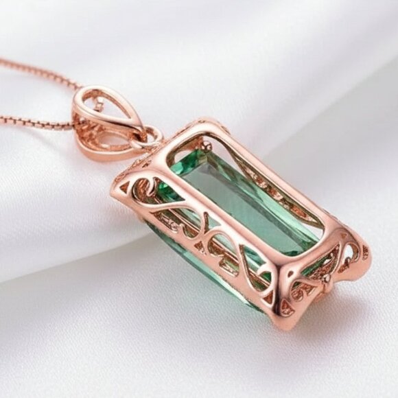 5 Carat Simulated Emerald CZ Pave Rose Gold Pendant Necklace NWOT - Picture 3 of 8